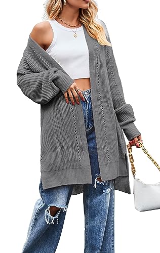 ZIYYOOHY Damen Grobstrick Strickjacke Offene Langarm Knitwear Basic Cardigan Lang Casual Strickmantel Strickpullover Sweater mit Tasche (L,Grau) von ZIYYOOHY