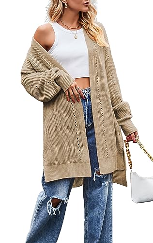 ZIYYOOHY Damen Grobstrick Strickjacke Offene Langarm Knitwear Basic Cardigan Lang Casual Strickmantel Strickpullover Sweater mit Tasche (L,Khaki) von ZIYYOOHY