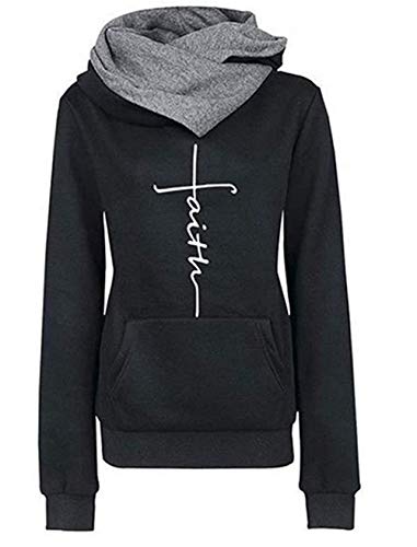 ZIYYOOHY Damen Kapuzenpullover Rollkragenpullover mit Faith Druck Langarm Pulli Sweatshirt Outwear mit Kapuze (L, Schwarz) von ZIYYOOHY