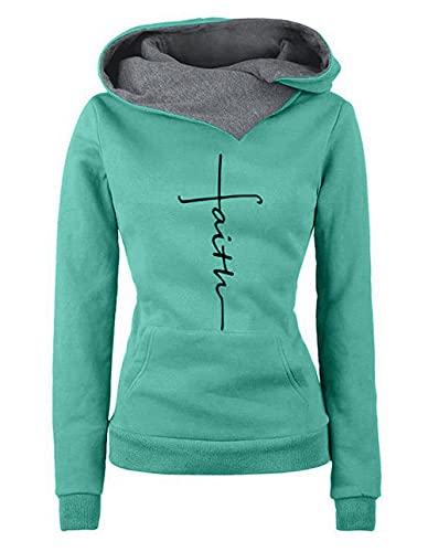 ZIYYOOHY Damen Kapuzenpullover Rollkragenpullover mit Faith Druck Langarm Pulli Sweatshirt Outwear mit Kapuze (XL, Grün) von ZIYYOOHY