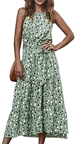 ZIYYOOHY Damen Sommerkleider Sexy Ärmellos Punkte Kleid Spaghetti-Trägerkleid Cocktailkleid Strandkleider Maxikleider mit Gürtel (Grün-013, M) von ZIYYOOHY