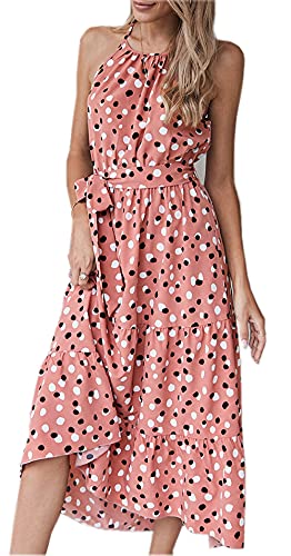 ZIYYOOHY Damen Sommerkleider Sexy Ärmellos Punkte Kleid Spaghetti-Trägerkleid Cocktailkleid Strandkleider Maxikleider mit Gürtel (Rosa-013, L) von ZIYYOOHY