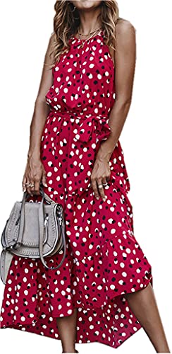 ZIYYOOHY Damen Sommerkleider Sexy Ärmellos Punkte Kleid Spaghetti-Trägerkleid Cocktailkleid Strandkleider Maxikleider mit Gürtel (Rot-013, XL) von ZIYYOOHY