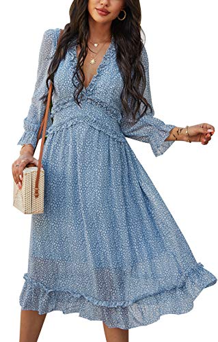 ZIYYOOHY Damen Lange Kleid Chiffon Rüschen mit Tief V-Ausschnitt Blumendruck Sommerkleid Cocktailkleid Partykleid Maxikleid Strandkleid Blusenkleid (M, 3016-Blau) von ZIYYOOHY