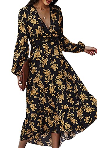 ZIYYOOHY Damen Lange Kleid Chiffon Rüschen mit Tief V-Ausschnitt Blumendruck Sommerkleid Cocktailkleid Partykleid Maxikleid Strandkleid Blusenkleid (m, 3058-Blackflower) von ZIYYOOHY