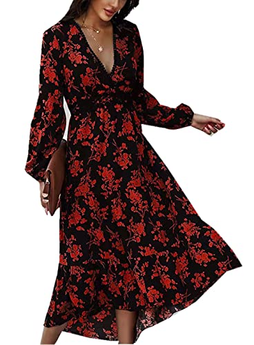 ZIYYOOHY Damen Lange Kleid Chiffon Rüschen mit Tief V-Ausschnitt Blumendruck Sommerkleid Cocktailkleid Partykleid Maxikleid Strandkleid Blusenkleid Langarm (M, 3058-Rot) von ZIYYOOHY