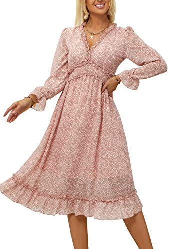 ZIYYOOHY Damen Lange Kleid Chiffon Rüschen mit Tief V-Ausschnitt Blumendruck Sommerkleid Cocktailkleid Partykleid Maxikleid Strandkleid Blusenkleid Langarm (S, 3016-Rosa) von ZIYYOOHY
