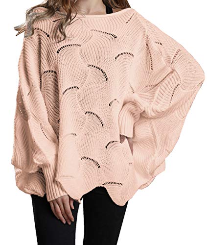 ZIYYOOHY Damen Pullover Oversize Knitted Rundhals Lose Pulli Strickpullover Outwear (M, Pink) von ZIYYOOHY