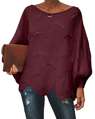 ZIYYOOHY Damen Pullover Oversize V Ausschnitt Lose Pulli Strickpullover Outwear (L, Weinrot) von ZIYYOOHY