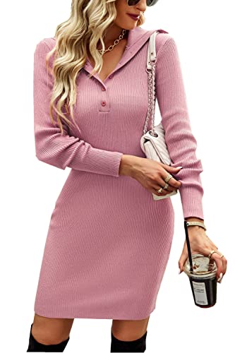 ZIYYOOHY Damen Rippstrick-Kleid Midi Strickkleid Winter Bleistiftkleid Retro Pulloverkleid Knopf-V-Ausschnitt（5058- PK L） von ZIYYOOHY