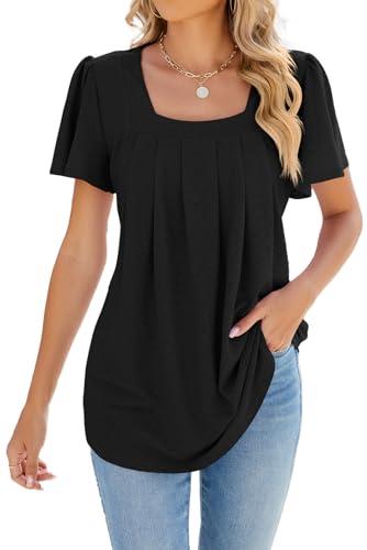 ZIYYOOHY Damen Sommer Bluse Kurzarm Elegant Spitze Ösen Spreizkragen mit Plissiert T-Shirt Tunika Oberteil Tops(6011-BK S) von ZIYYOOHY