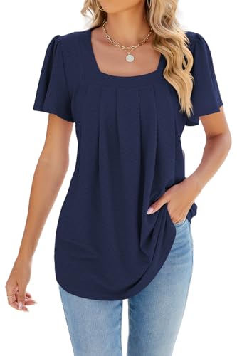 ZIYYOOHY Damen Sommer Bluse Kurzarm Elegant Spitze Ösen Spreizkragen mit Plissiert T-Shirt Tunika Oberteil Tops(6011-MB M) von ZIYYOOHY