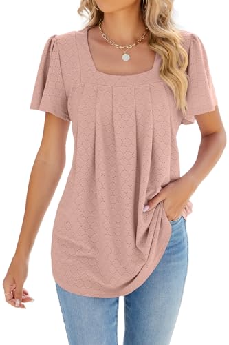 ZIYYOOHY Damen Sommer Bluse Kurzarm Elegant Spitze Ösen Spreizkragen mit Plissiert T-Shirt Tunika Oberteil Tops(6011-PK L) von ZIYYOOHY