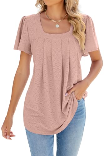 ZIYYOOHY Damen Sommer Bluse Kurzarm Elegant Spitze Ösen Spreizkragen mit Plissiert T-Shirt Tunika Oberteil Tops(6011-PK S) von ZIYYOOHY