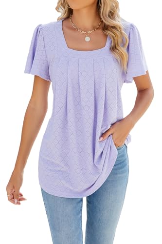 ZIYYOOHY Damen Sommer Bluse Kurzarm Elegant Spitze Ösen Spreizkragen mit Plissiert T-Shirt Tunika Oberteil Tops(6011-PL L) von ZIYYOOHY