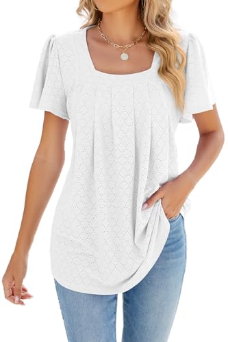 ZIYYOOHY Damen Sommer Bluse Kurzarm Elegant Spitze Ösen Spreizkragen mit Plissiert T-Shirt Tunika Oberteil Tops(6011-WH M) von ZIYYOOHY