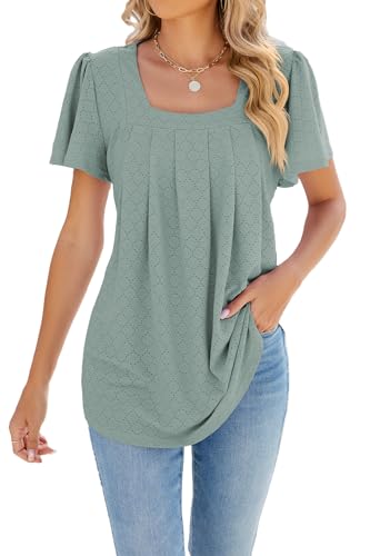 ZIYYOOHY Damen Sommer Bluse Kurzarm Elegant Spitze Ösen Spreizkragen mit Plissiert T-Shirt Tunika Oberteil Tops (16011 GN L) von ZIYYOOHY