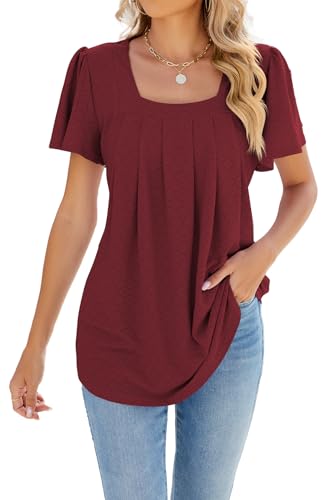 ZIYYOOHY Damen Sommer Bluse Kurzarm Elegant Spitze Ösen Spreizkragen mit Plissiert T-Shirt Tunika Oberteil Tops (16011 WR XL) von ZIYYOOHY