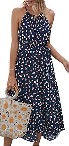 ZIYYOOHY Damen Sommerkleider Sexy Ärmellos Punkte Kleid Spaghetti-Trägerkleid Cocktailkleid Strandkleider Maxikleider mit Gürtel (Marineblau-013, L) von ZIYYOOHY