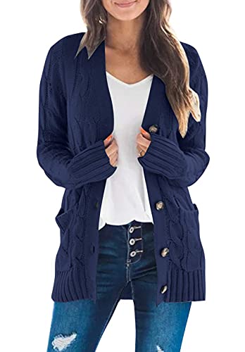 ZIYYOOHY Damen Strickjacke Cardigan Langarm Open Front Button Down Strickpullover Mantel mit Tasche (Dunkelblau, S) von ZIYYOOHY