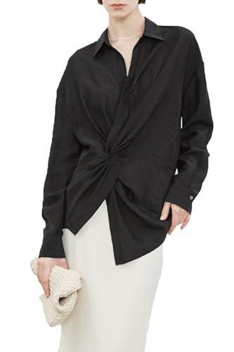 ZIYYOOHY Damen V Ausschnitt Blusen Musselin Baumwolle Lässig Oberteile Elegant Twist Hemd Einfarbig Arbeit Shirt Lose Basic Langarm Tops(6032 BK XL) von ZIYYOOHY