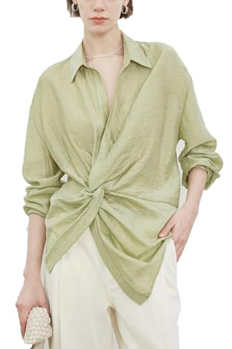 ZIYYOOHY Damen V Ausschnitt Blusen Musselin Baumwolle Lässig Oberteile Elegant Twist Hemd Einfarbig Arbeit Shirt Lose Basic Langarm Tops(6032 GN L) von ZIYYOOHY