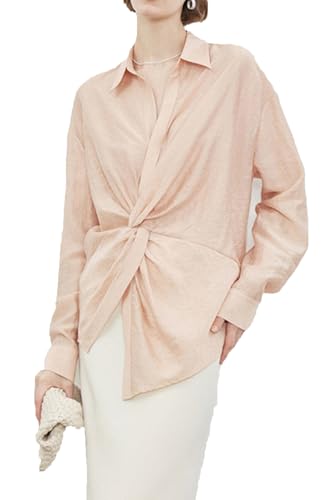ZIYYOOHY Damen V Ausschnitt Blusen Musselin Baumwolle Lässig Oberteile Elegant Twist Hemd Einfarbig Arbeit Shirt Lose Basic Langarm Tops(6032 PK L) von ZIYYOOHY