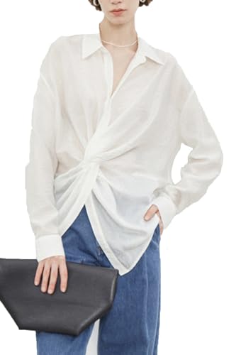 ZIYYOOHY Damen V Ausschnitt Blusen Musselin Baumwolle Lässig Oberteile Elegant Twist Hemd Einfarbig Arbeit Shirt Lose Basic Langarm Tops(6032 WH XXL) von ZIYYOOHY