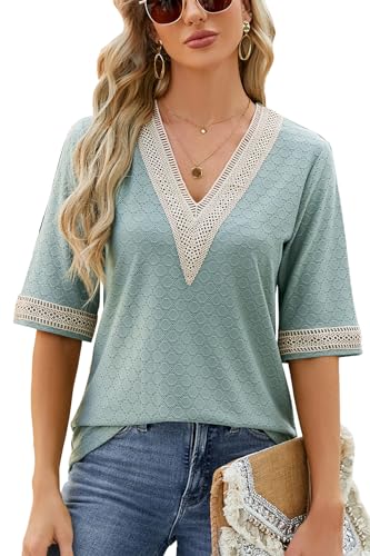 ZIYYOOHY Damen V Ausschnitt Spitze Bluse Aushöhlen Sommer Elegant Kurzarm Ösen 3/4 Ärmel T-Shirt Tunika Lässig Basic Oberteil Tops(6016 GN M) von ZIYYOOHY