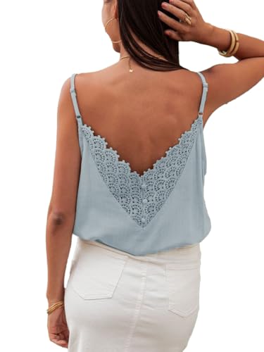 ZIYYOOHY Damen V Ausschnitt Spitze Tanktop Spaghettiträger lässiges Basic Camisole Oberteil Sommer ärmelloses Blusen (6012 BL M) von ZIYYOOHY