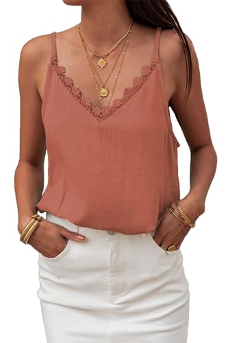 ZIYYOOHY Damen V Ausschnitt Spitze Tanktop Spaghettiträger lässiges Basic Camisole Oberteil Sommer ärmelloses Blusen (6012 ROT XL) von ZIYYOOHY