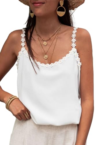 ZIYYOOHY Damen V Ausschnitt Spitze Tanktop Spaghettiträger lässiges Basic Camisole Oberteil Sommer ärmelloses Blusen (6012 WH1 XL) von ZIYYOOHY