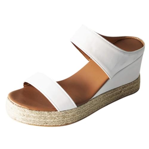 ZIZENG Damen Espadrilles Plateau Sandalen Offene Zehen keil Hausschuhe Elegant Klassische Slip Auf Leder Sandalen Geeignet für Strand Party täglich Hochzeit Bankett,Weiß,35 von ZIZENG