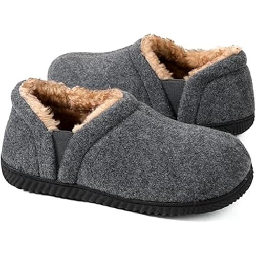 Zizor Hausschuhe Herren Behagliche Memory Schaum mit Fleecefutter, rutschfeste Gummisohle mit einseitigem elastischem Gummizug Pantoffeln Winter Indoor & Outdoor, Grau, 46 EU von Zizor