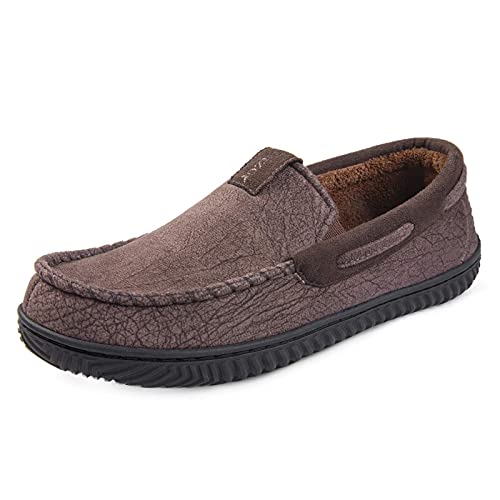 ZIZOR Hausschuhe Herren Mokassin Wildleder，Gemütliche Memory Schaum Slippers mit rutschfester Gummisohle für Innen & Außen,Braun,45EU von ZIZOR