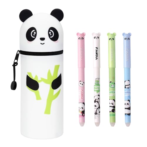 ZJKUBOIS Panda Silikon Federmäppchen Set, 2 In 1 Silikon Teleskopisch Ständer Kawaii Federmäppchen mit 4 Stück Radierbare Stifte, Weiche Silikontasche Mäppchen für Jungen und Mädchen (Bambus-Panda) von ZJKUBOIS