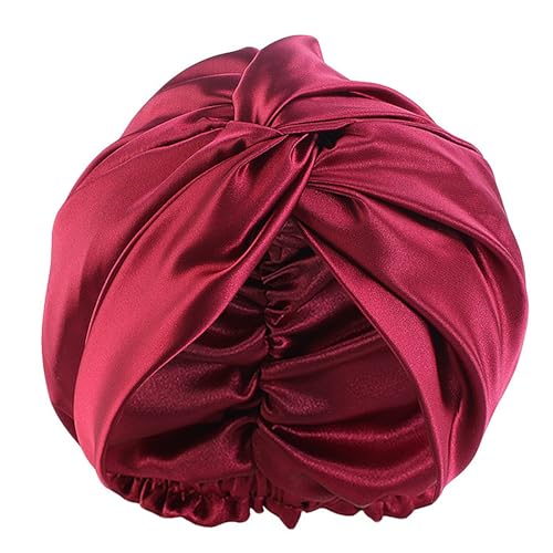Duschhaube Schlafhaube, Satin Bonnet Nacht Schlafmütze, Maulbeerseide Frauen Nachtmütze, Verstellbare Doppelschichten Motorhaube, Haarpflege Kopfhaube (Burgunderrot) von ZJT