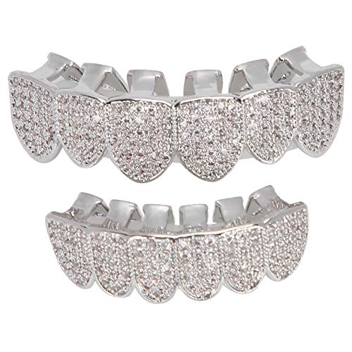 Zahnspange, Zähne, Hip Hop Teeth Grill Set Microset Diamond Braces, Hip Hop Zähne Dekoration Kaltbeschichtetes Kupfer Zähne Set Bling Zähne Dekoration (Silber) von ZJcaho