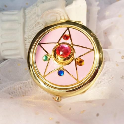 Anime Makeup Mirror Star Cosmetic Folded Mirror Compact Travel Mirror für Mädchen Damen Schönheitsliebhaber Metall Hülle Sternmuster Design 7cm von ZJchao