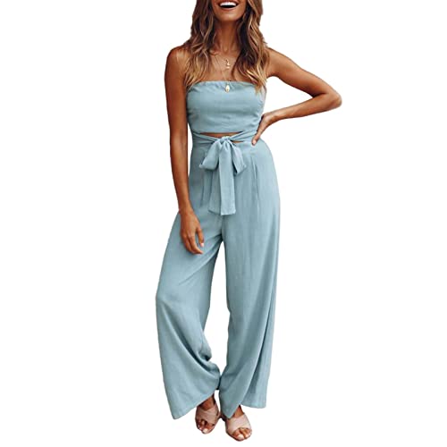 ZJchao Damen Jumpsuit Elegant, Damen Ärmelloser Overall mit Weitem Bein Sommer Lässige Elastische Taille Gürtelschlaufen Strampler, Casual Lose Overalls(XL-Hellblau) von ZJchao