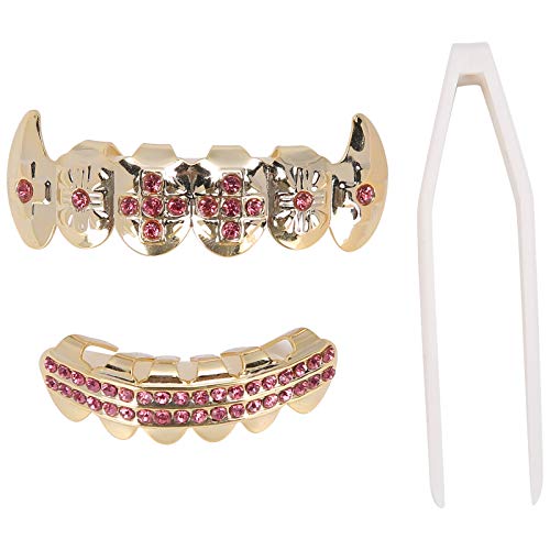 Zähne, Hip Hop Zähne Dekoration Kaltbeschichtetes Kupfer Zähne Set Gold Zähne Zahnspange Set, Grillz Zahnspange Hip Hop Grills für Mund obere und untere Zähne(Rosa) von ZJchao