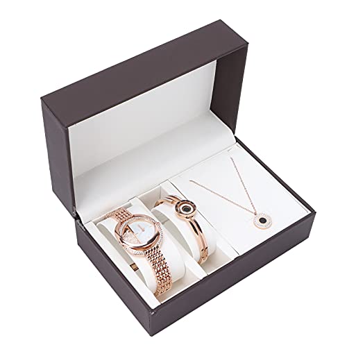 Uhr mit Armband Set, Business Stilvolle Damenuhr Armband Halskette Set Jubiläum Geburtstagsgeschenk Armbanduhr Armreif Armband Schmuck Set Metall Analog Armbanduhr Für Damen(Roségold) von ZJchao