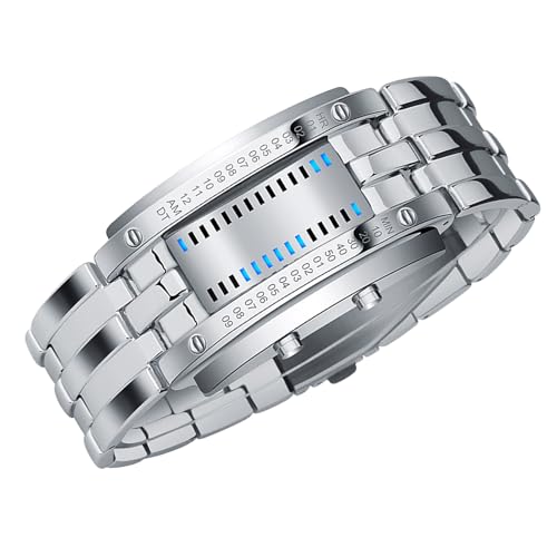 ZJchao Herren Binäre Uhr Binärer Digitales Armbanduhren Binäre LED -Uhr mit Blauem Hintergrund Japanischer Quarzbewegung 50m Wasserresistent für Männer Väter Freunde (Silber groß) von ZJchao