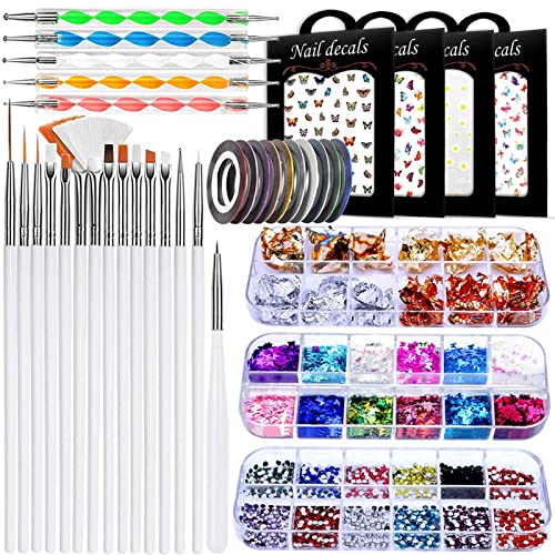ZJchao Komplette Nagelkunst -Dekorations -Kit, Nagelbürsten, Strasssteine, Punktstifte, Folienflocken, Aufkleber, Gold Silberfaden, Geeignet für Anfänger, für Nagelkunst Salon von ZJchao