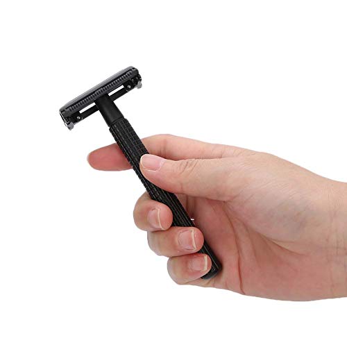 ZJchao Vintage Safety Rasierer Doppelkantensicherheit Rasiermesser Herren-Rasierwerkzeug mit Bequemer Geschlossener Klingen Anti-Rutsch-Griff Rotierende Öffnung für Bartrasur mit Basis (BLACK) von ZJchao