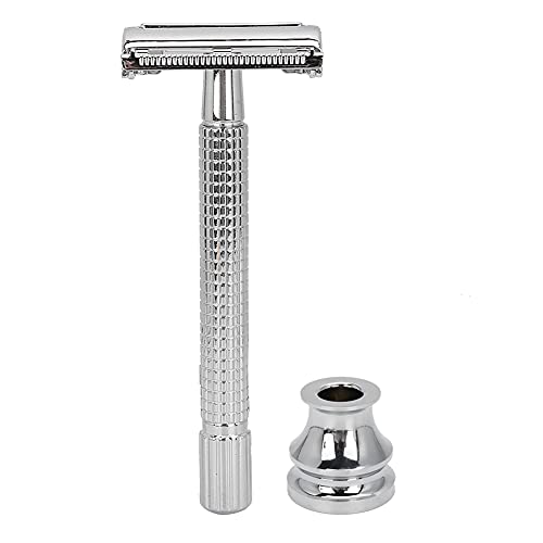 ZJchao Vintage Safety Rasierer Doppelkantensicherheit Rasiermesser Herren-Rasierwerkzeug mit Bequemer Geschlossener Klingen Anti-Rutsch-Griff Rotierende Öffnung für Bartrasur mit Basis (SILVER) von ZJchao