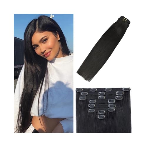 Clip-In-Haarverlängerungen, Echthaar, 120 g, glatt, for Frauen, 8 Stück, Naturschwarz #1B(20inches) von ZKALQECNF
