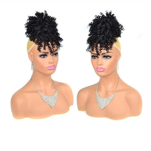 kunsthaar zum einflechten Afro Puff Bun mit Pony Kurzes Afro Kinky Curly Hair Chignons Synthetischer Kordelzug Pferdeschwanz Haarverlängerung haare zum einflechten(Black Brown) von ZKALQECNF