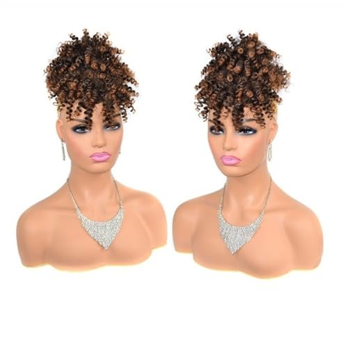 kunsthaar zum einflechten Afro Puff Bun mit Pony Kurzes Afro Kinky Curly Hair Chignons Synthetischer Kordelzug Pferdeschwanz Haarverlängerung haare zum einflechten(Natural Black to Light Auburn) von ZKALQECNF