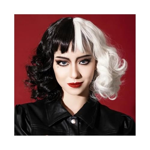 perücken Festliche synthetische Perücke, halb schwarz, halb weiß, kurze Rolle, Hochtemperatur-Seidenkopfbedeckung Perücke von ZKALQECNF